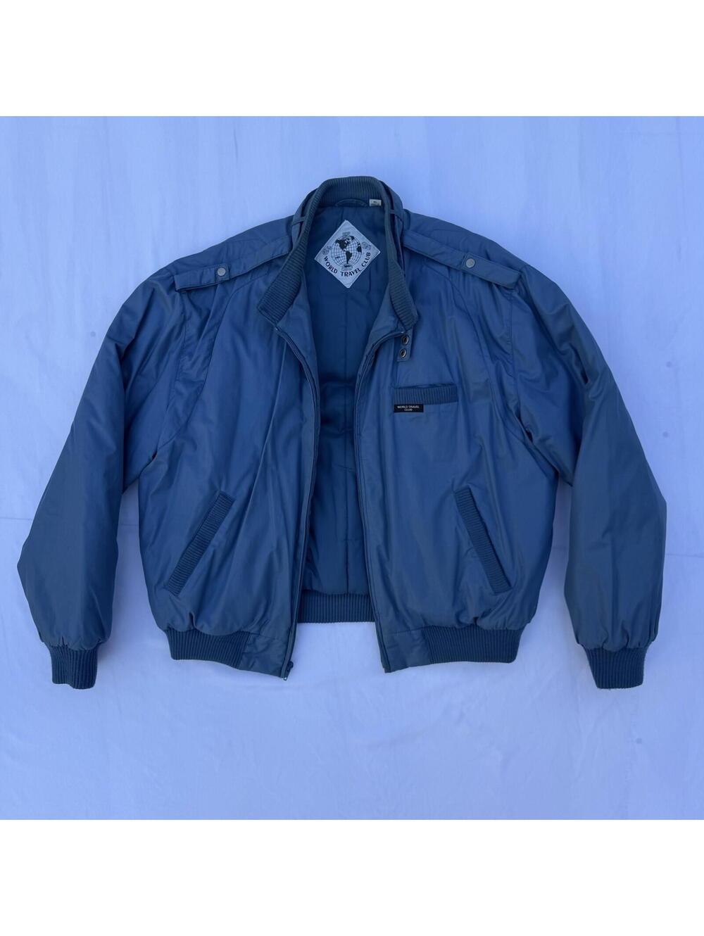 80s Vintage World Travel Club Cafe Racer Jacket Wind Breaker Blue SIZE XL